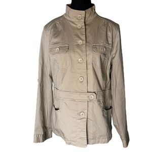 LADY HATHAWAY Taupe Utility Jacket Pockets Buttons Mock Neck Lightweight Large